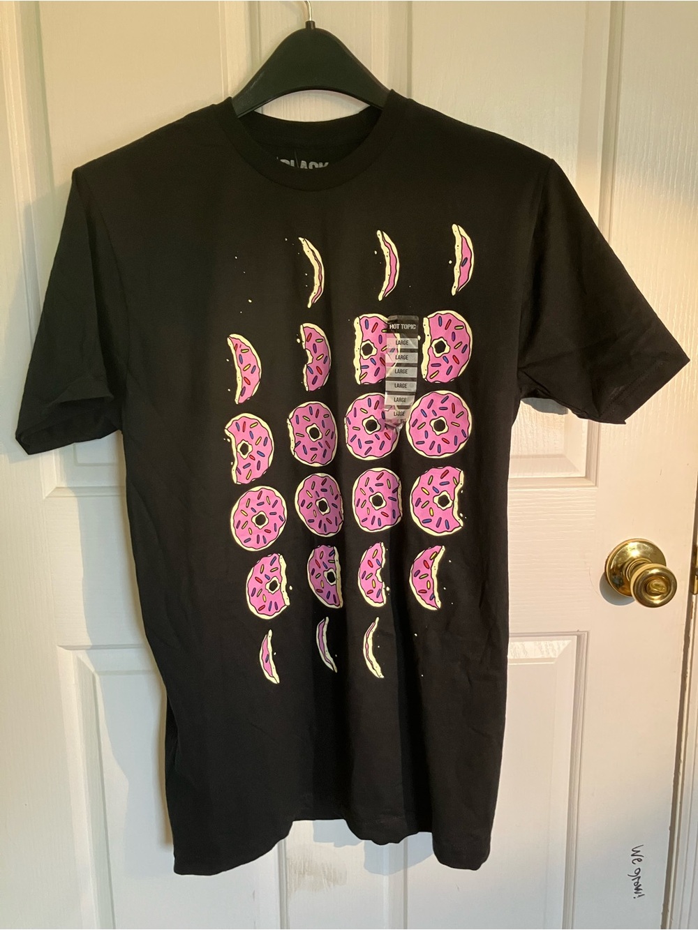 Hot Topic Black Tee with Pink Donut Grid Graphic